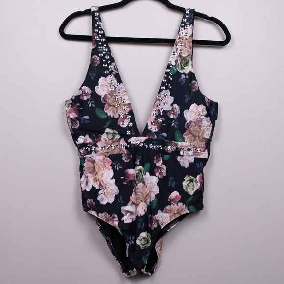 Gianni Bini Other - Gianni Bini black floral plunging neckline one piece bathing suit-L